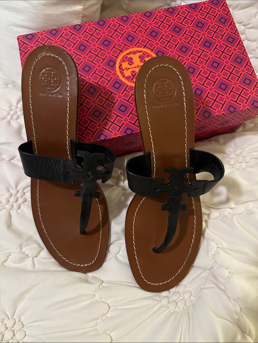Tory Burch Black Leather Logo Thong Sandals